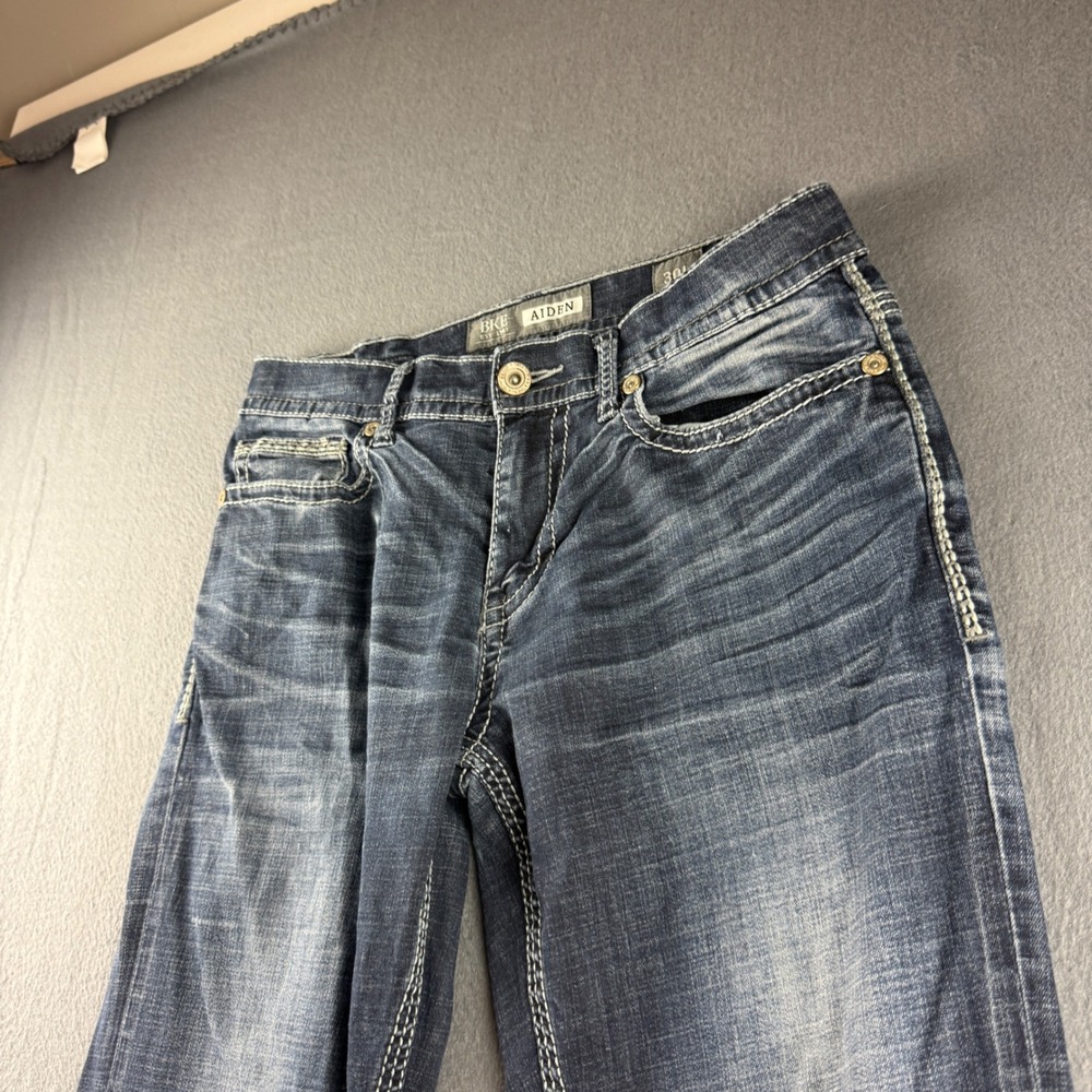 BKE Aiden Jeans Men's 30x27 Blue Bootleg Raw Hem Dark Wash Thick Stitck Faded
